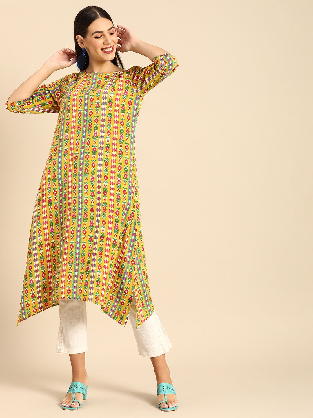Anouk Women Mustard Yellow & Green Ethnic Motifs Printed A-Line Kurta