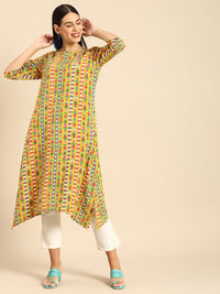 Anouk Women Mustard Yellow & Green Ethnic Motifs Printed A-Line Kurta