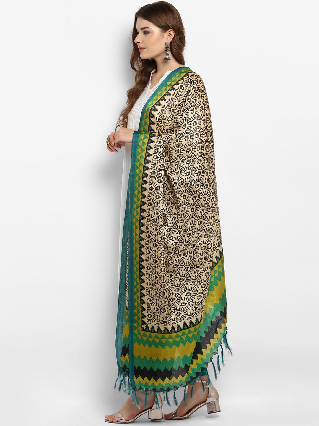 Saree mall Cream-Coloured & Green Printed Dupatta
