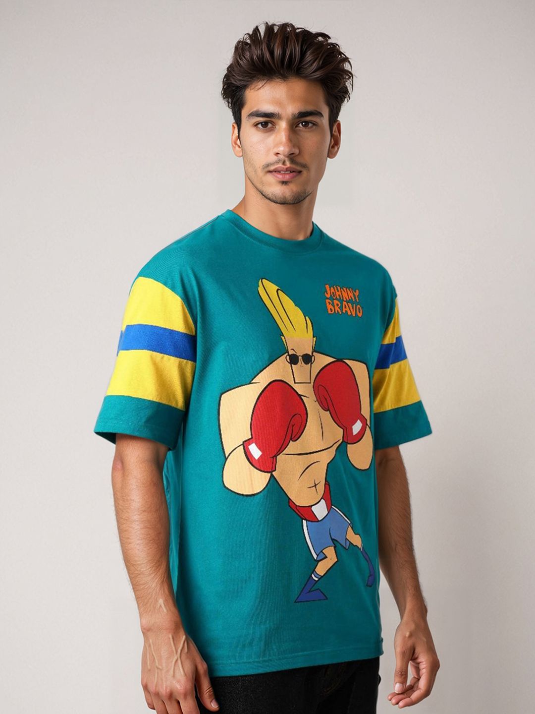 The Indian Garage Co Men Johnny Bravo Graphic Printed Round Neck Cotton Oversized T-shirt