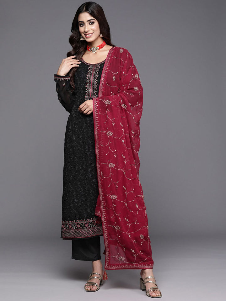 Libas Floral Embroidered Regular Thread Work Georgette Kurta with Trousers & Dupatta