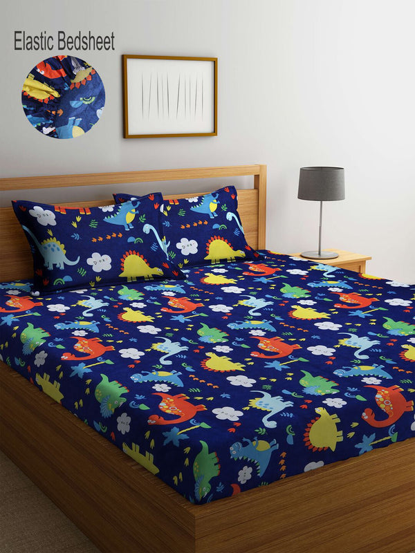 KLOTTHE Blue Printd Polycotton 300 TC Fitted King Bedsheet with 2 Pillow Covers-98" x 89"