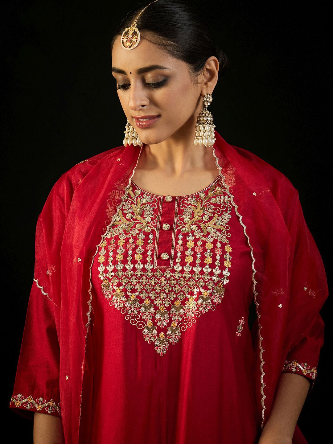 Indo Era Round Neck Ethnic Embroidered Sequinned Kurta with Trouser & Dupatta