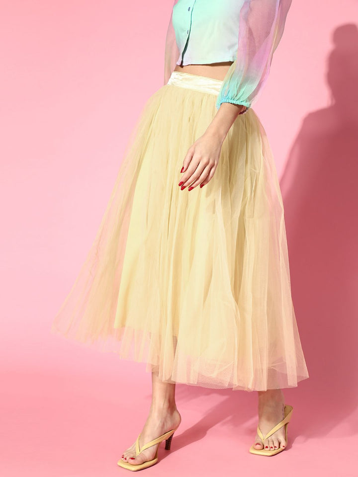 SASSAFRAS Women Light Yellow Solid Tulle Midi Skirt