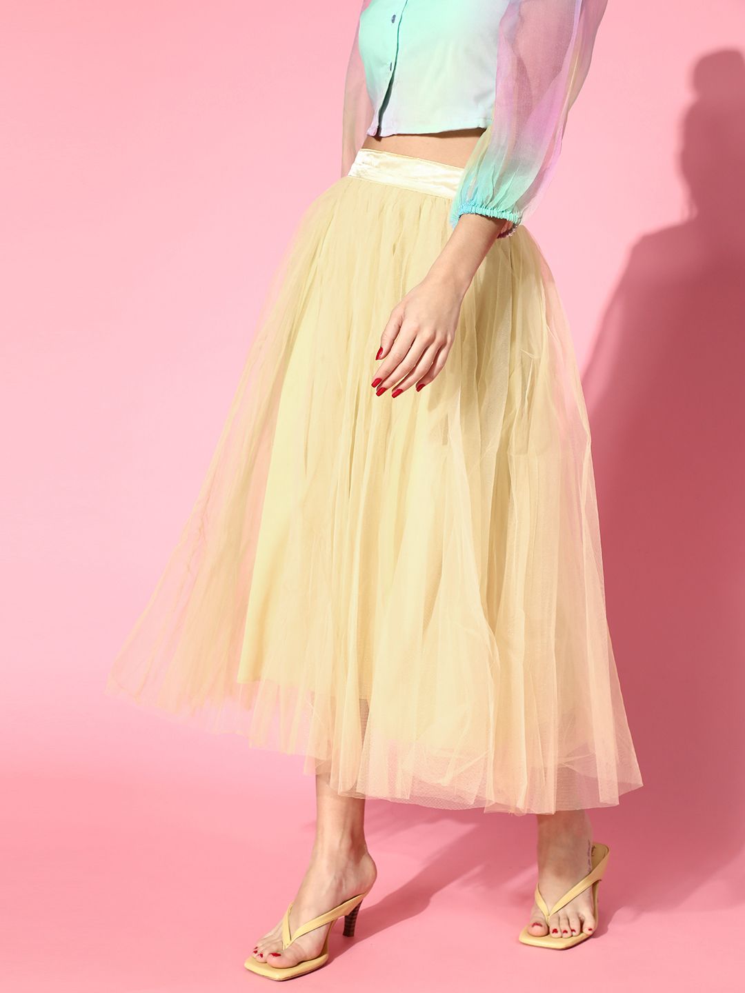 SASSAFRAS Women Light Yellow Solid Tulle Midi Skirt