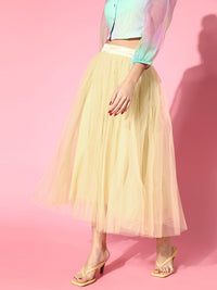 SASSAFRAS Women Light Yellow Solid Tulle Midi Skirt