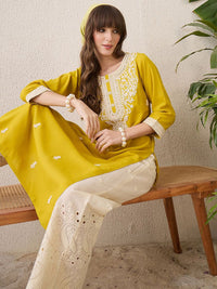 Indo Era Floral Embroidered Thread Work Cotton Straight Kurta