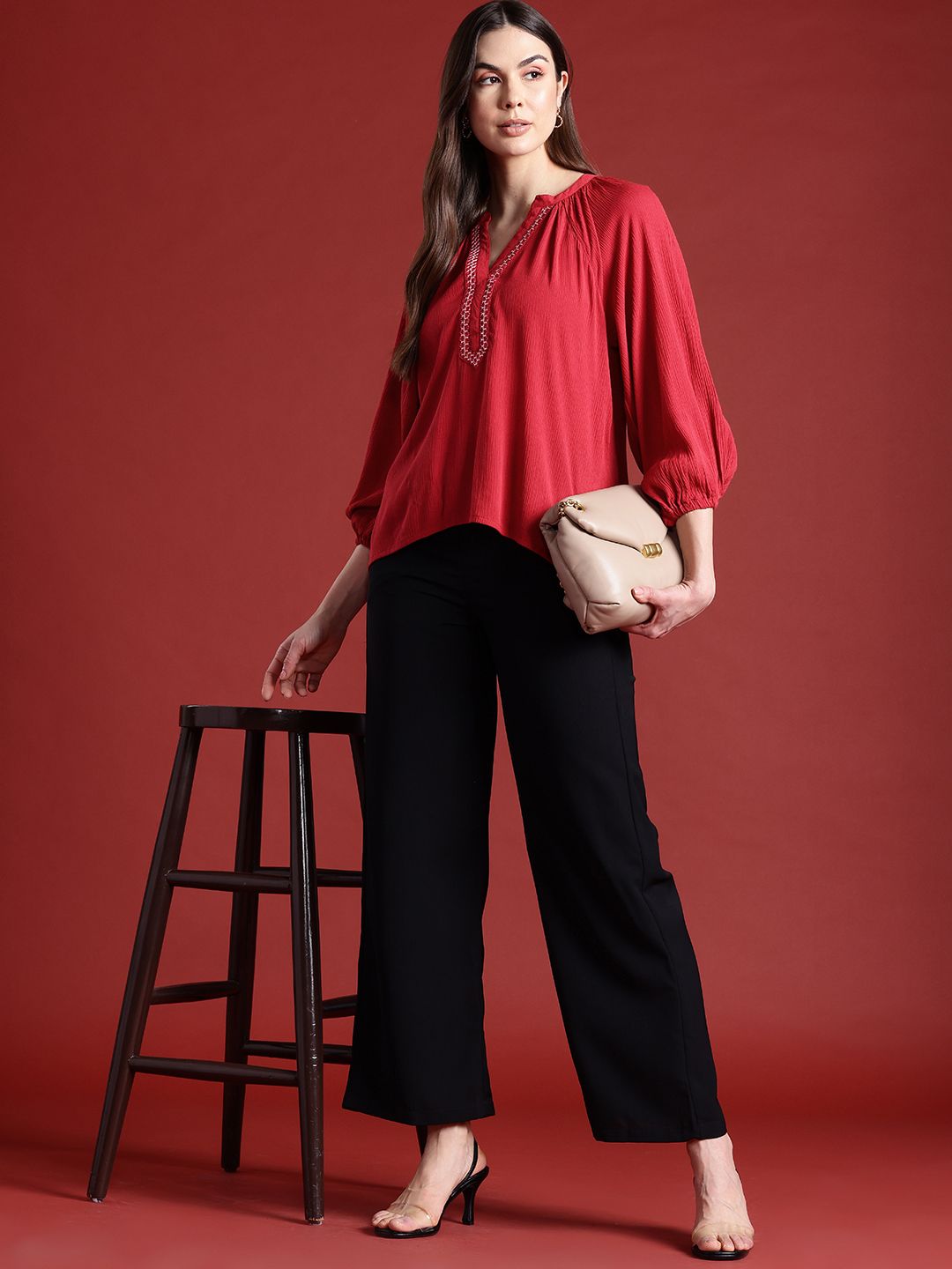 all about you Mandarin Collar Raglan Puffed Sleeves Embroidered Detail Top