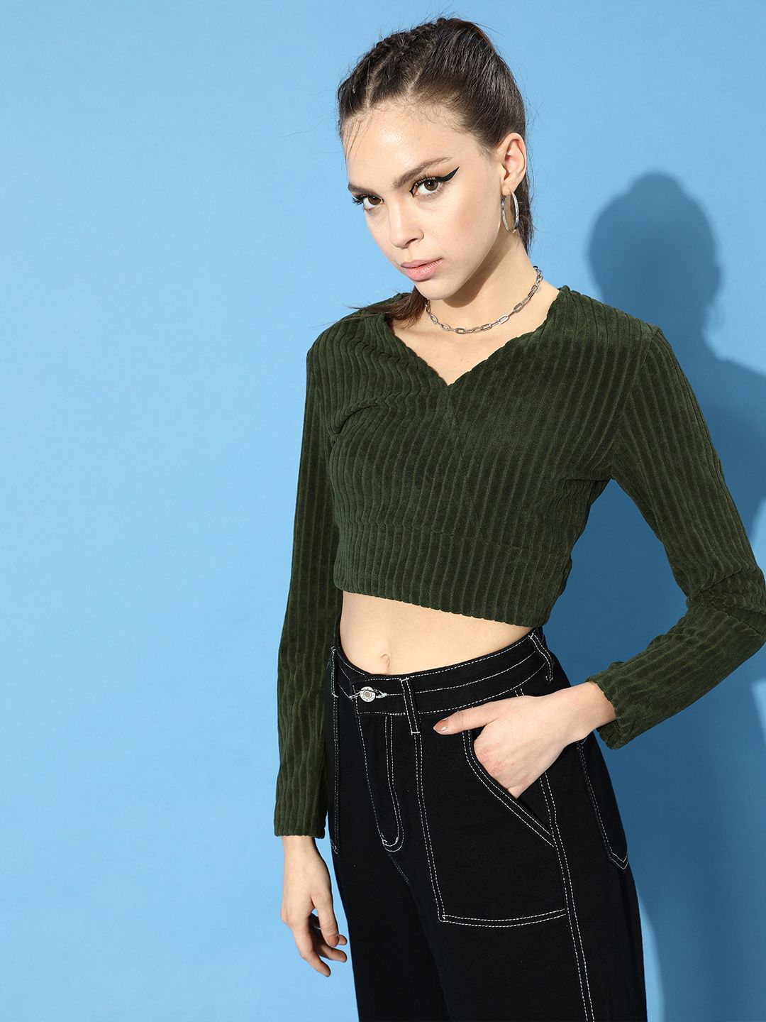 STREET 9 Women Lovely Olive Solid Cropped Top