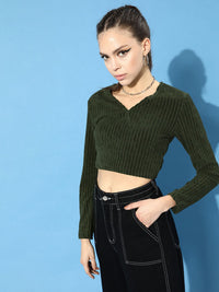 STREET 9 Women Lovely Olive Solid Cropped Top