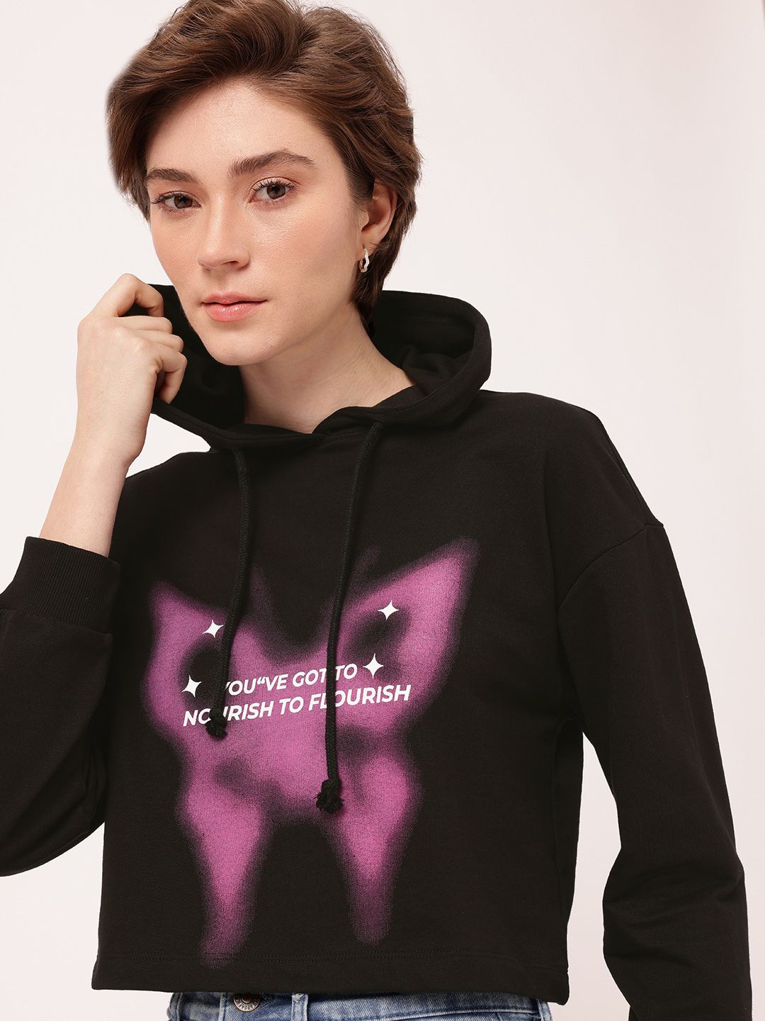 DressBerry Printed Hooded Cotton Terry Relaxed Fit Crop Sweatshirt