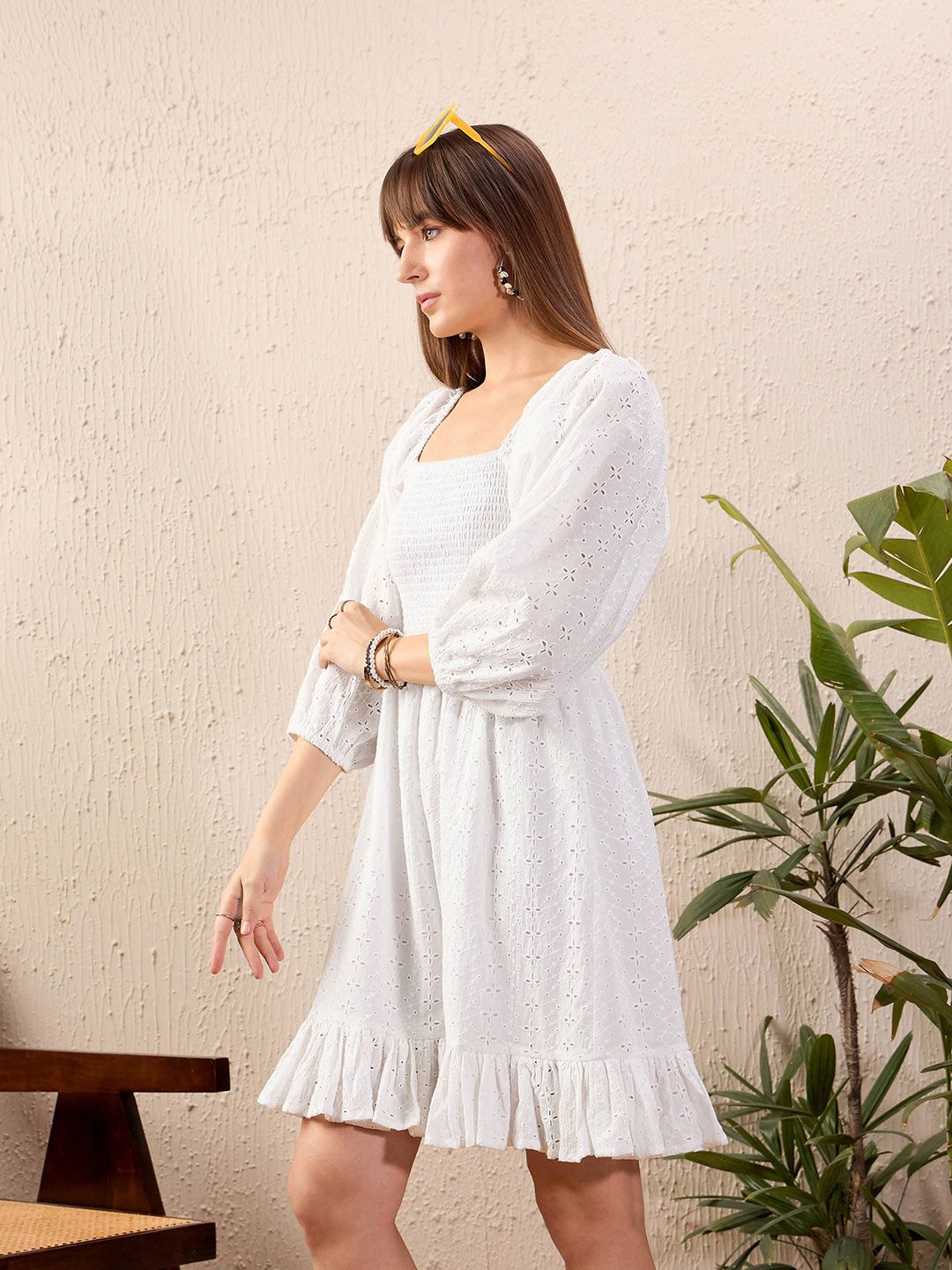 SASSAFRAS Pure Cotton Square Neck Smocked Fit & Flare Dress