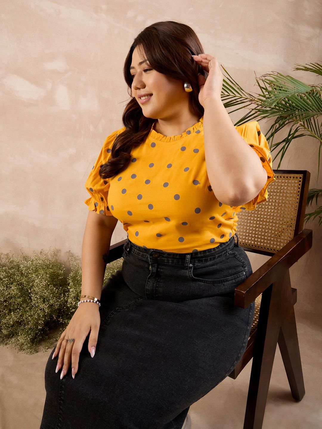 Berrylush Curve Polka Dots Printed Cotton Plus Size Top