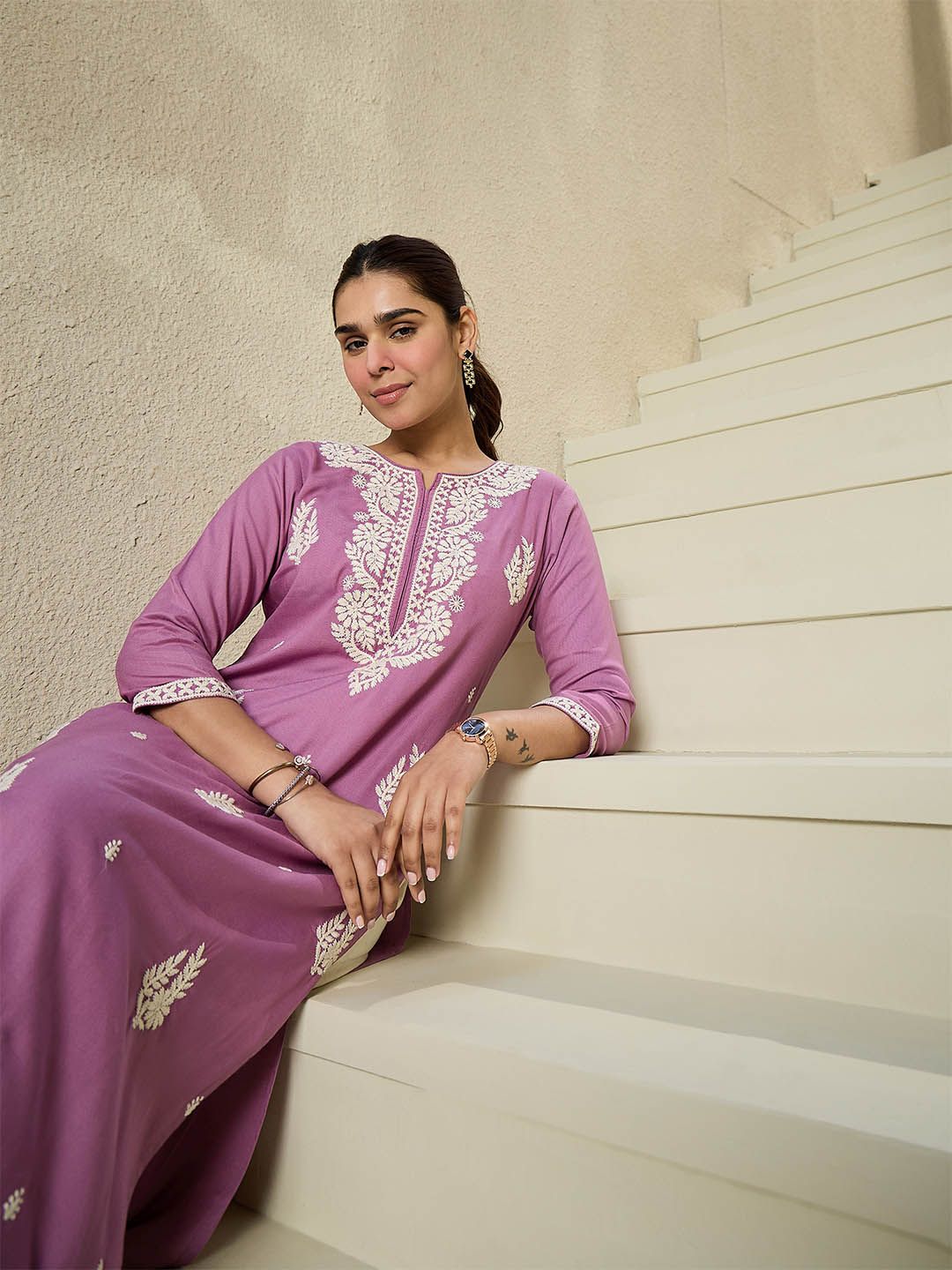 Indo Era Floral Embroidered Thread Work Straight Kurta