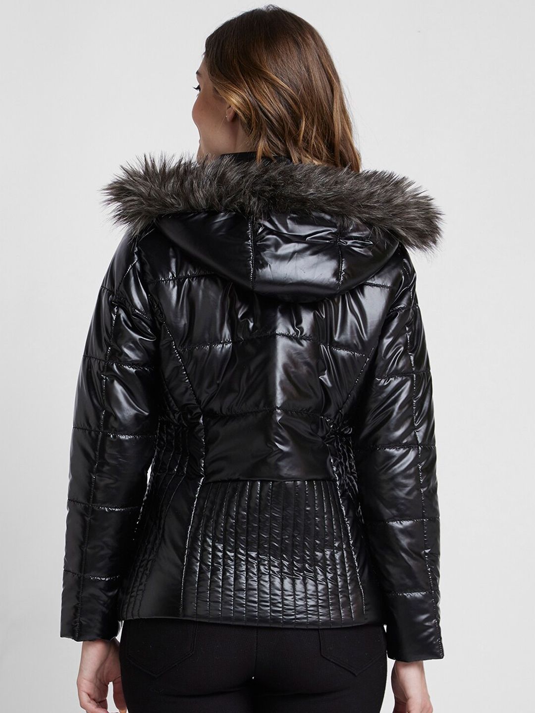 SPYKAR Hooded Regular Quilted Jacket With With Faux Fur Trim
