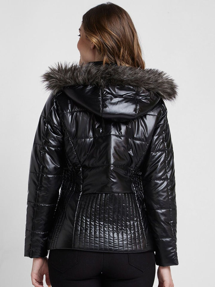 SPYKAR Hooded Regular Quilted Jacket With With Faux Fur Trim