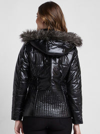 SPYKAR Hooded Regular Quilted Jacket With With Faux Fur Trim