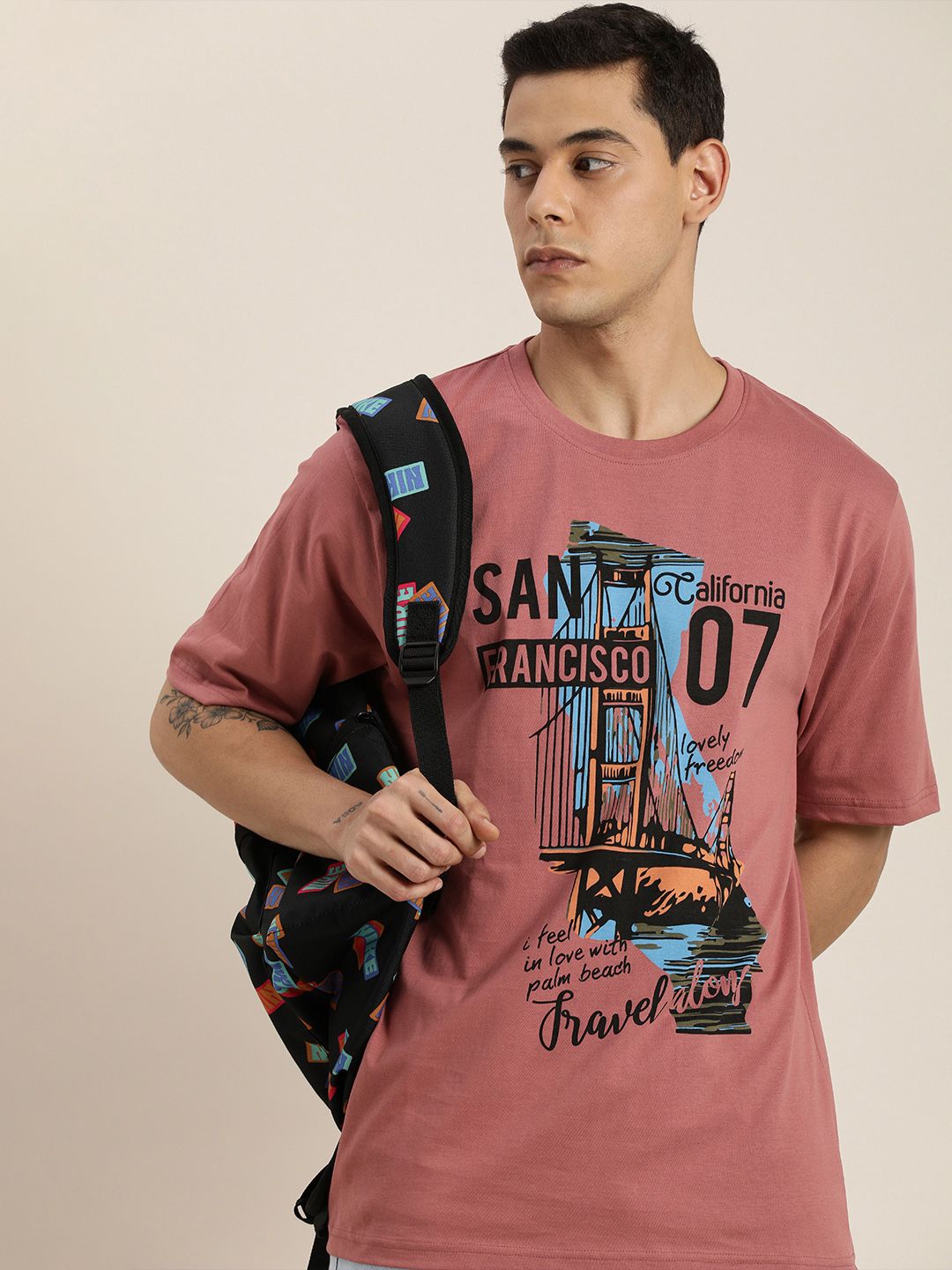 DILLINGER Men Dusty Pink Printed Pure Cotton Loose Oversized T-shirt
