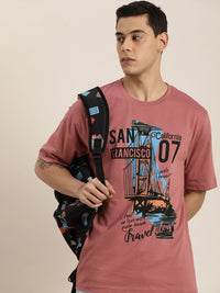 DILLINGER Men Dusty Pink Printed Pure Cotton Loose Oversized T-shirt