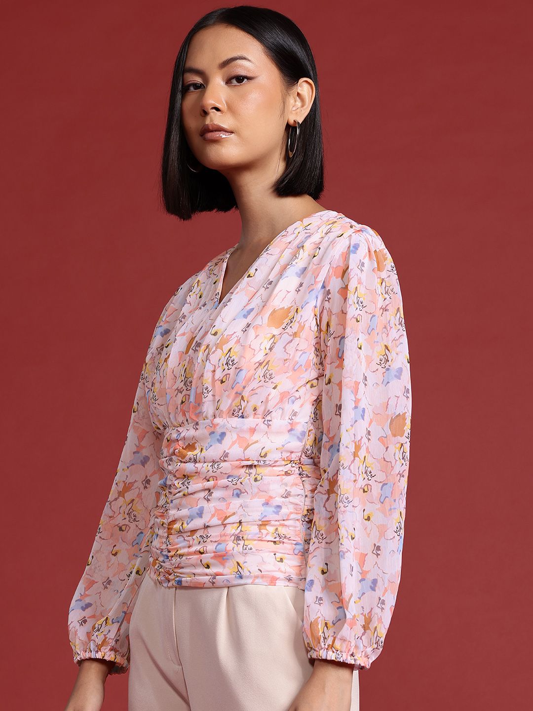 all about you Floral Print Ruched Puff Sleeve Top
