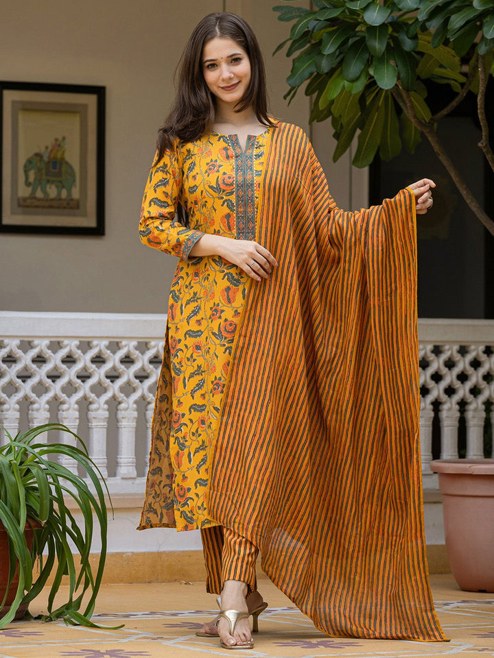KALINI Floral Printed Regular Cotton Blend Kurta with Trousers With Dupatta