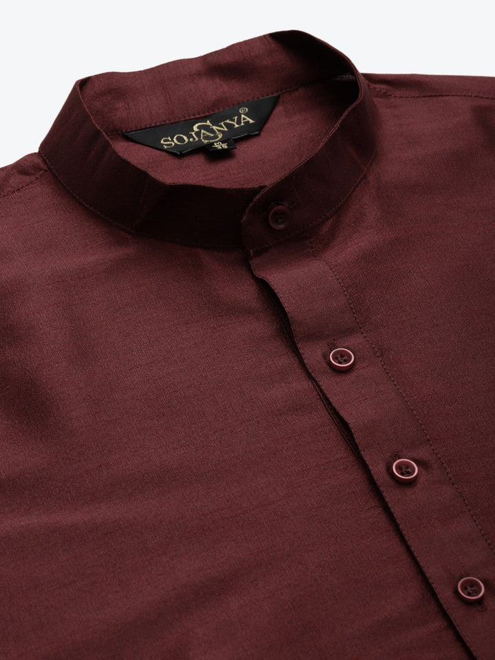 SOJANYA Men Maroon & Olive Green Jacquard Woven Design Kurta with Churidar & Nehru Jacket