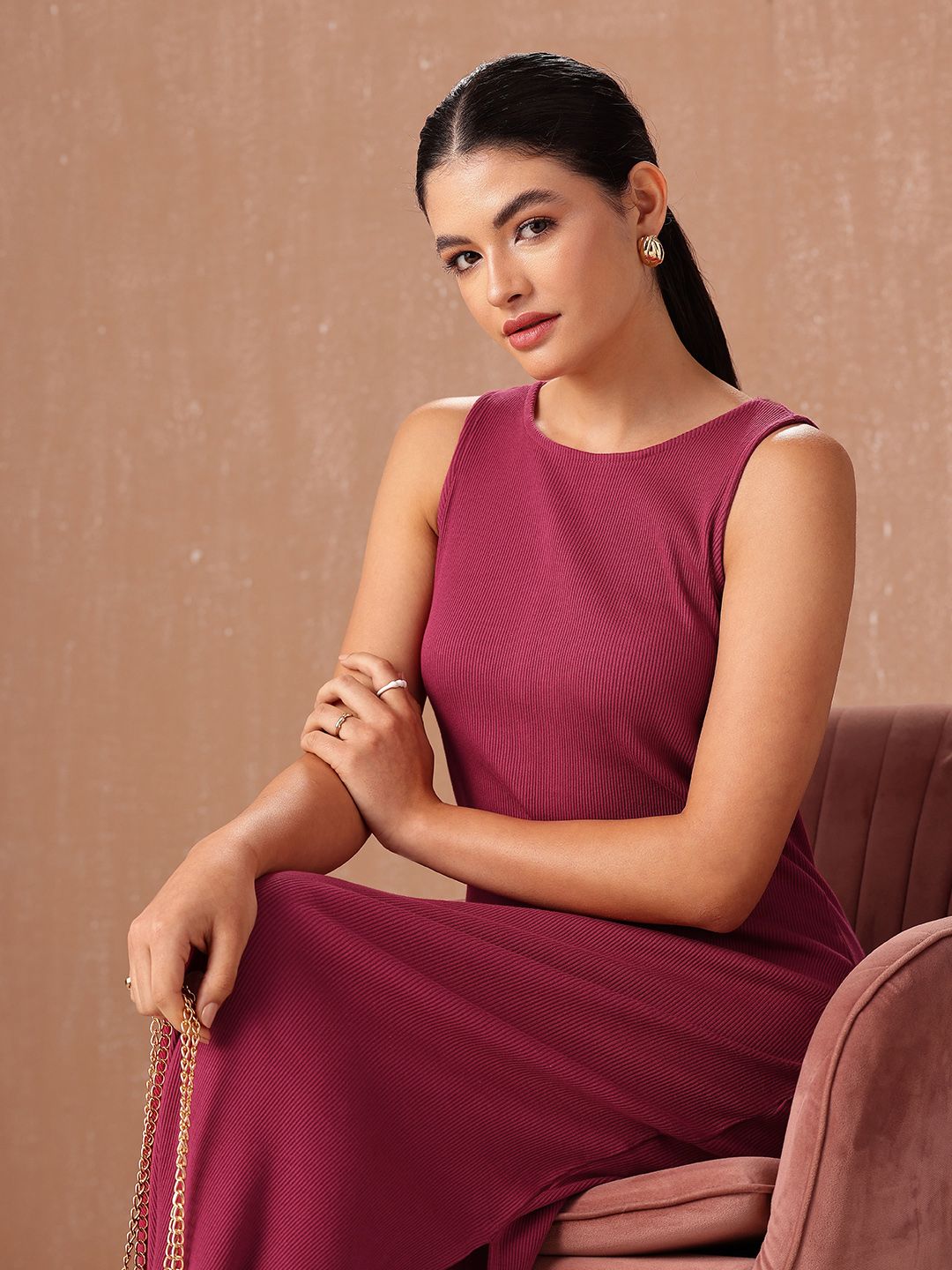 all about you Pure Cotton Ribbed Sleeveless Side Slits Sheath Midi Dress