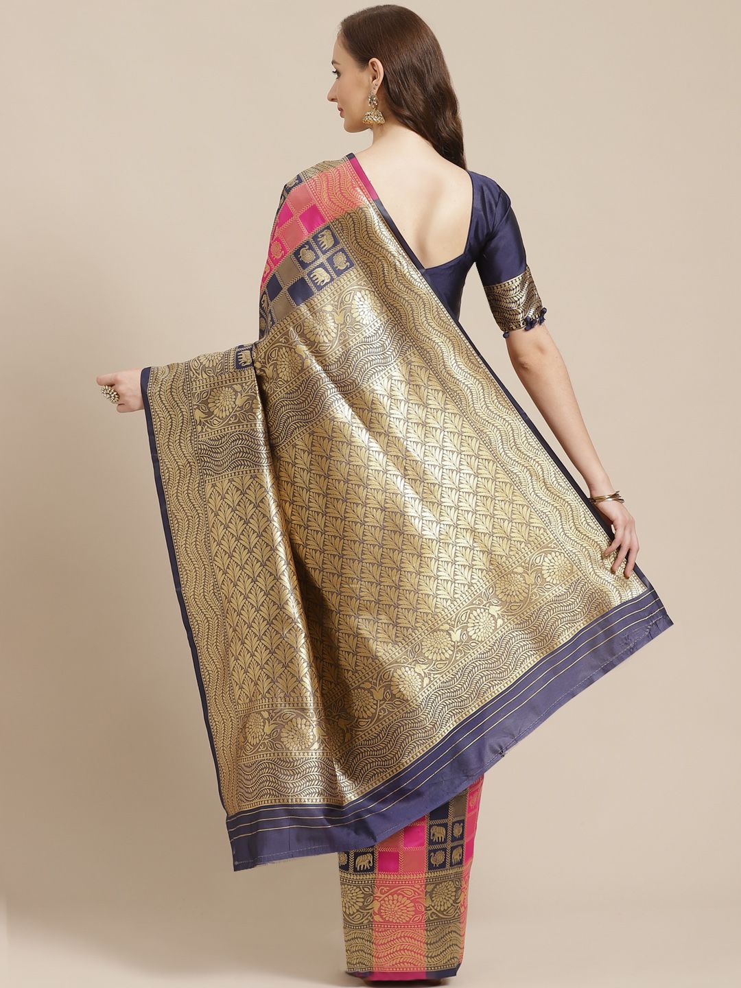 Saree mall Pink & Navy Blue Ethnic Woven Design Banarasi Saree