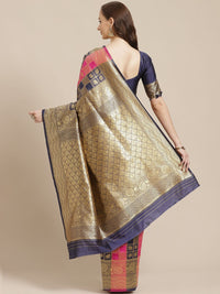 Saree mall Pink & Navy Blue Ethnic Woven Design Banarasi Saree
