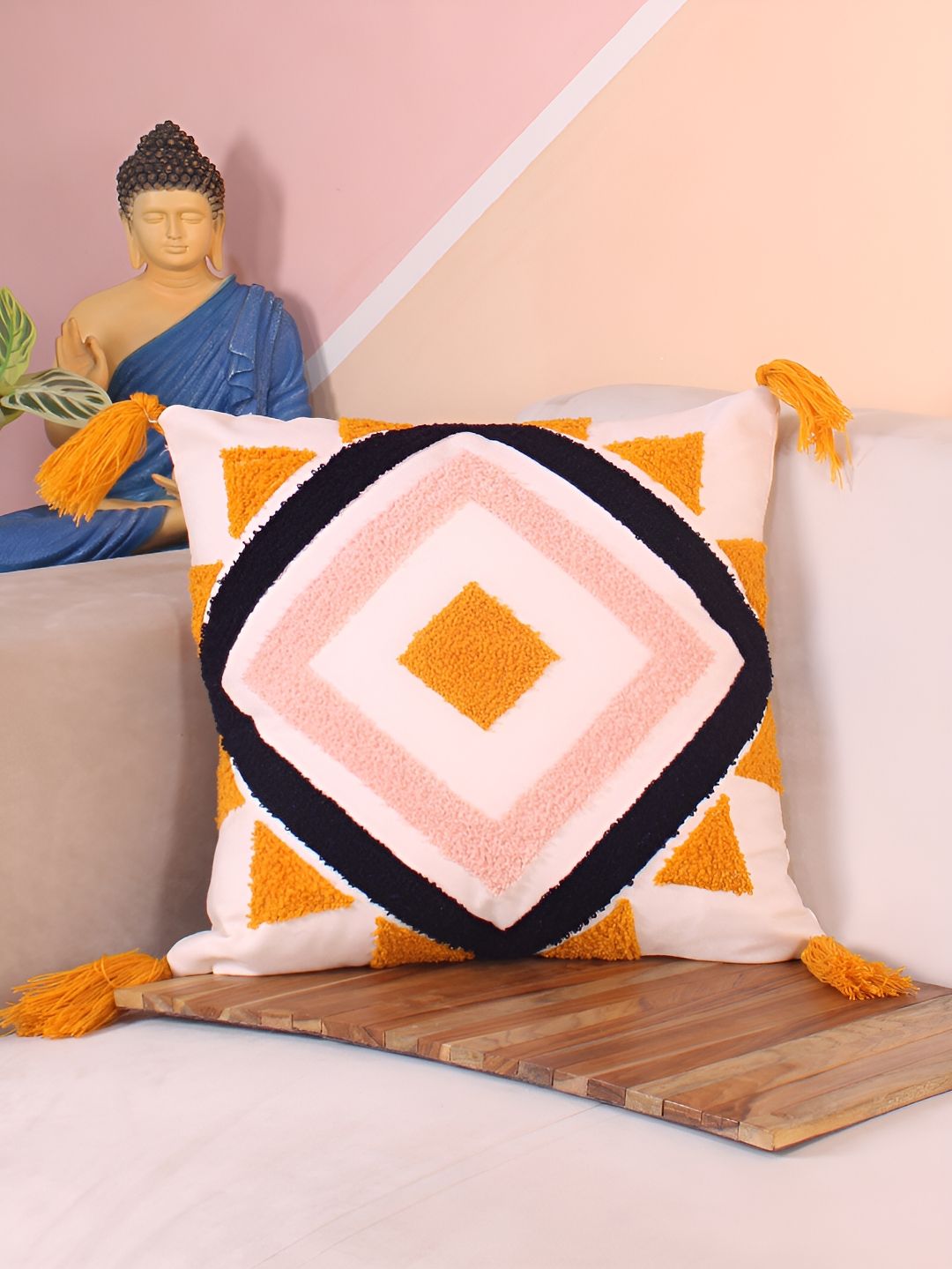 STITCHNEST White & Yellow Embroidered Square Cushion Cover