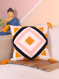 STITCHNEST White & Yellow Embroidered Square Cushion Cover