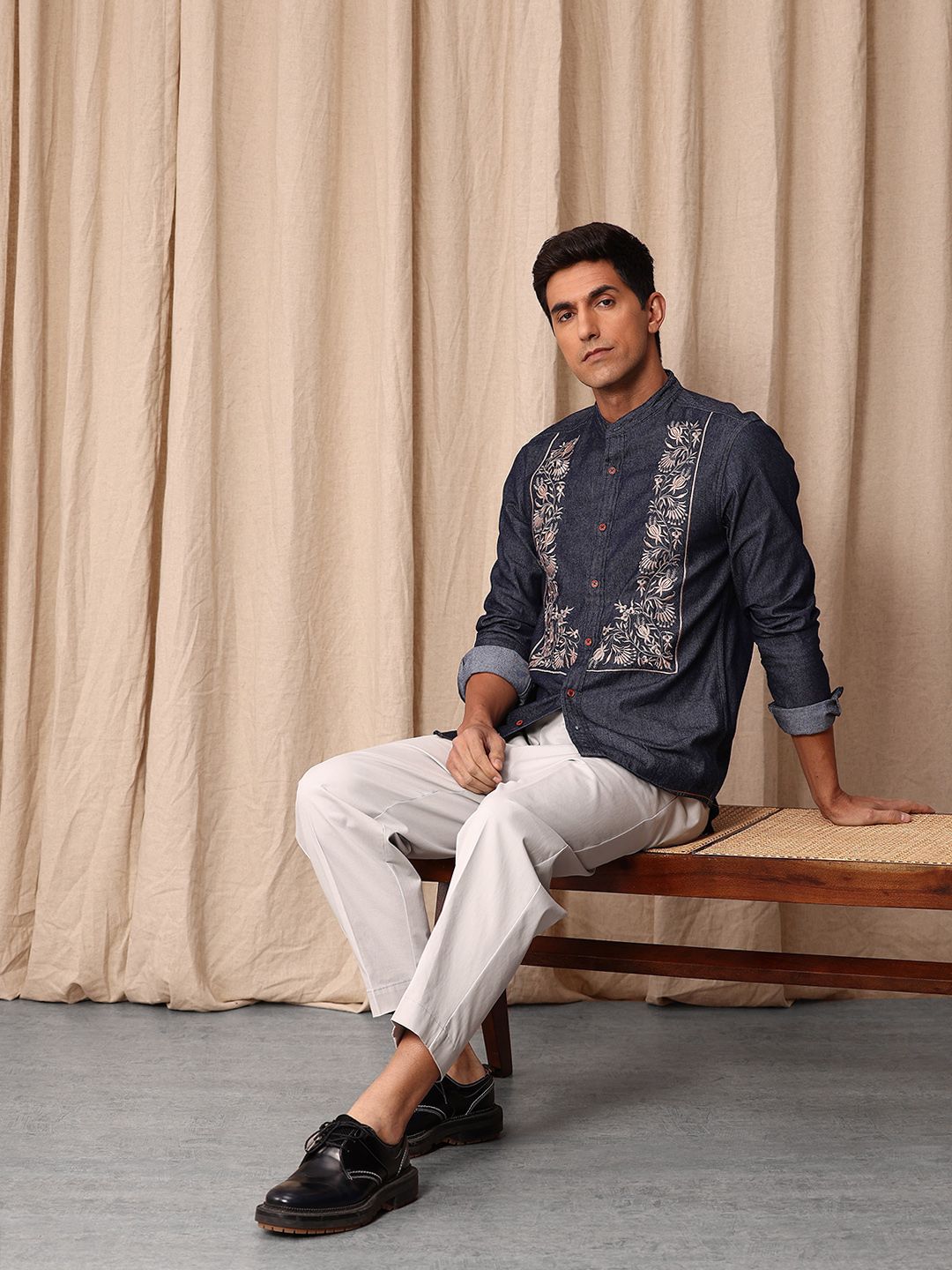 Mr Bowerbird Pure Cotton Tailored Fit Floral Embroidered Denim Casual Shirt
