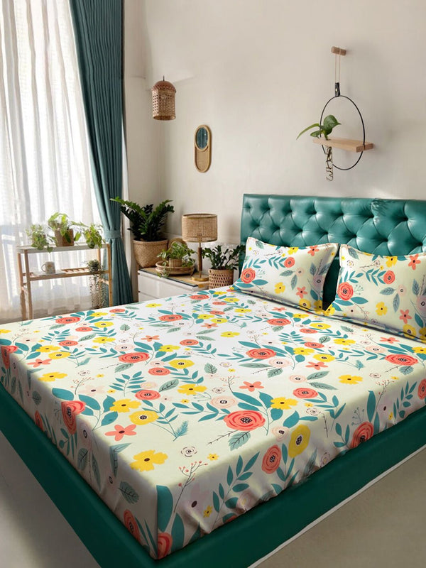 KLOTTHE White & Blue Floral Printed 300TC Fitted Double King Bedsheet With 2 Pillow Covers