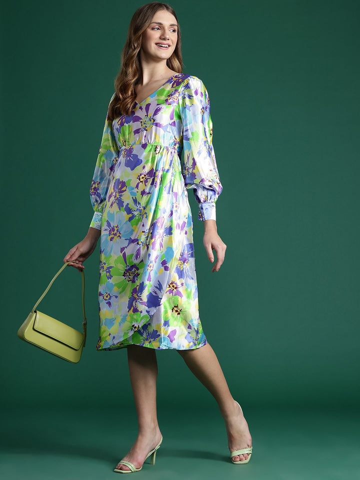 DressBerry Printed Satin-Finish A-Line Dress