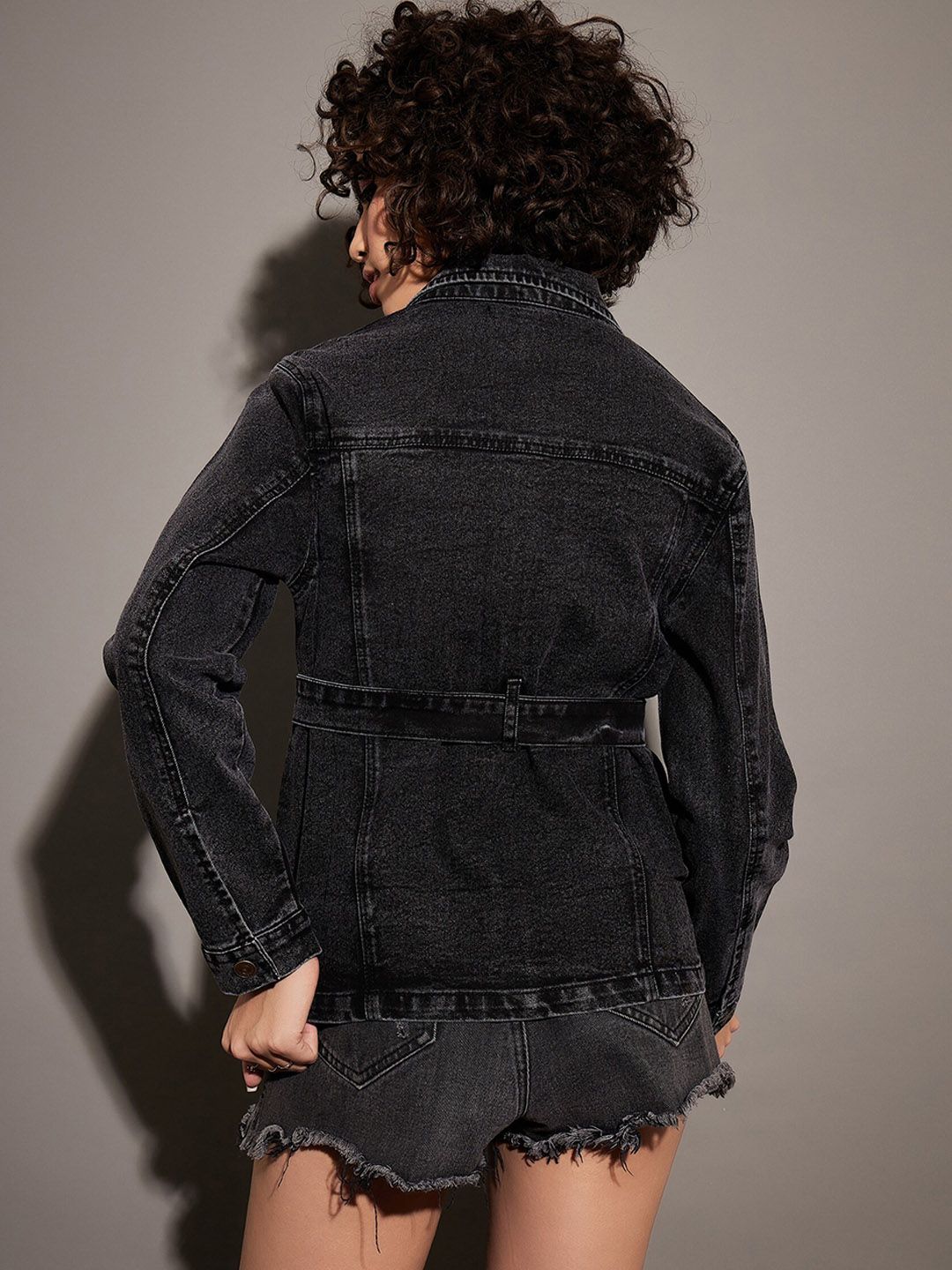 SASSAFRAS Black Washed Spread Collar Denim Jacket