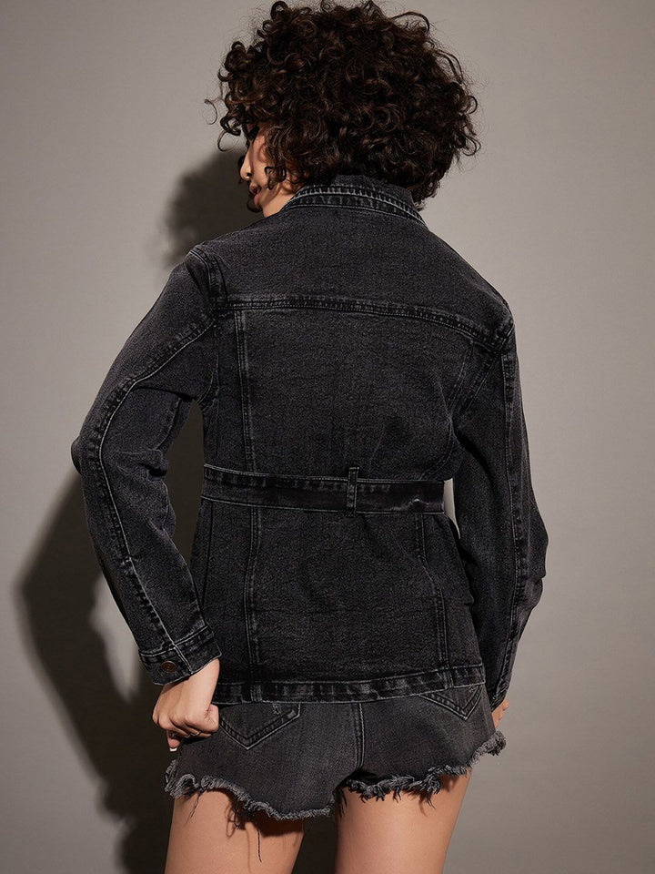 SASSAFRAS Black Washed Spread Collar Denim Jacket