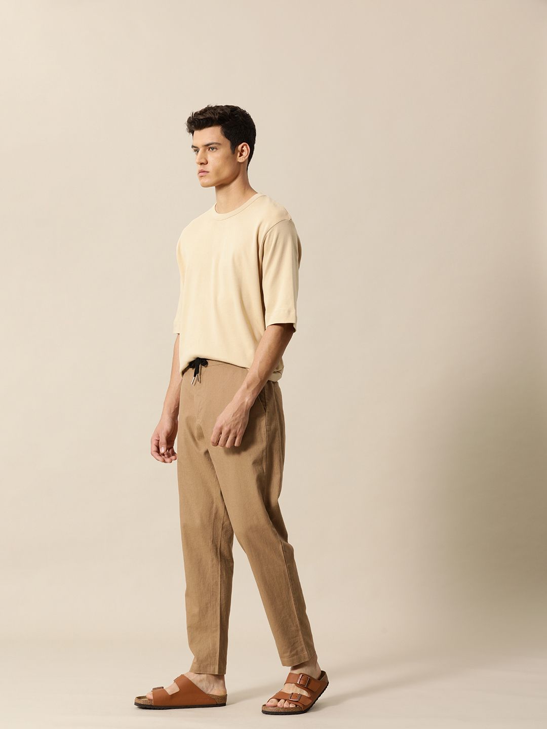 Mr Bowerbird Men Brown Solid Mid Rise Cotton Linen Regular Trousers