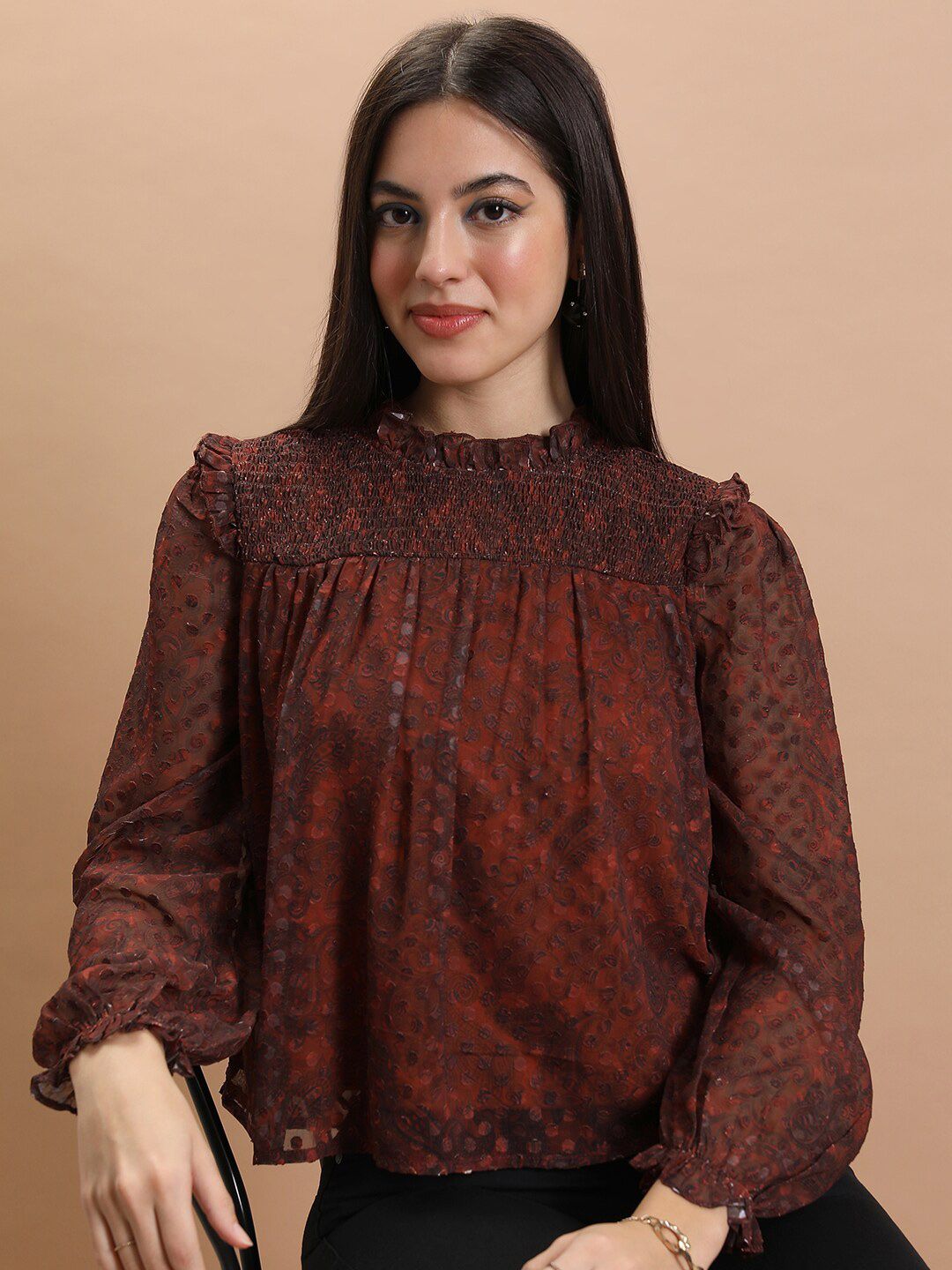 Tokyo Talkies Rust Smocked Print Blouson Top