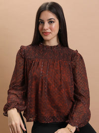 Tokyo Talkies Rust Smocked Print Blouson Top