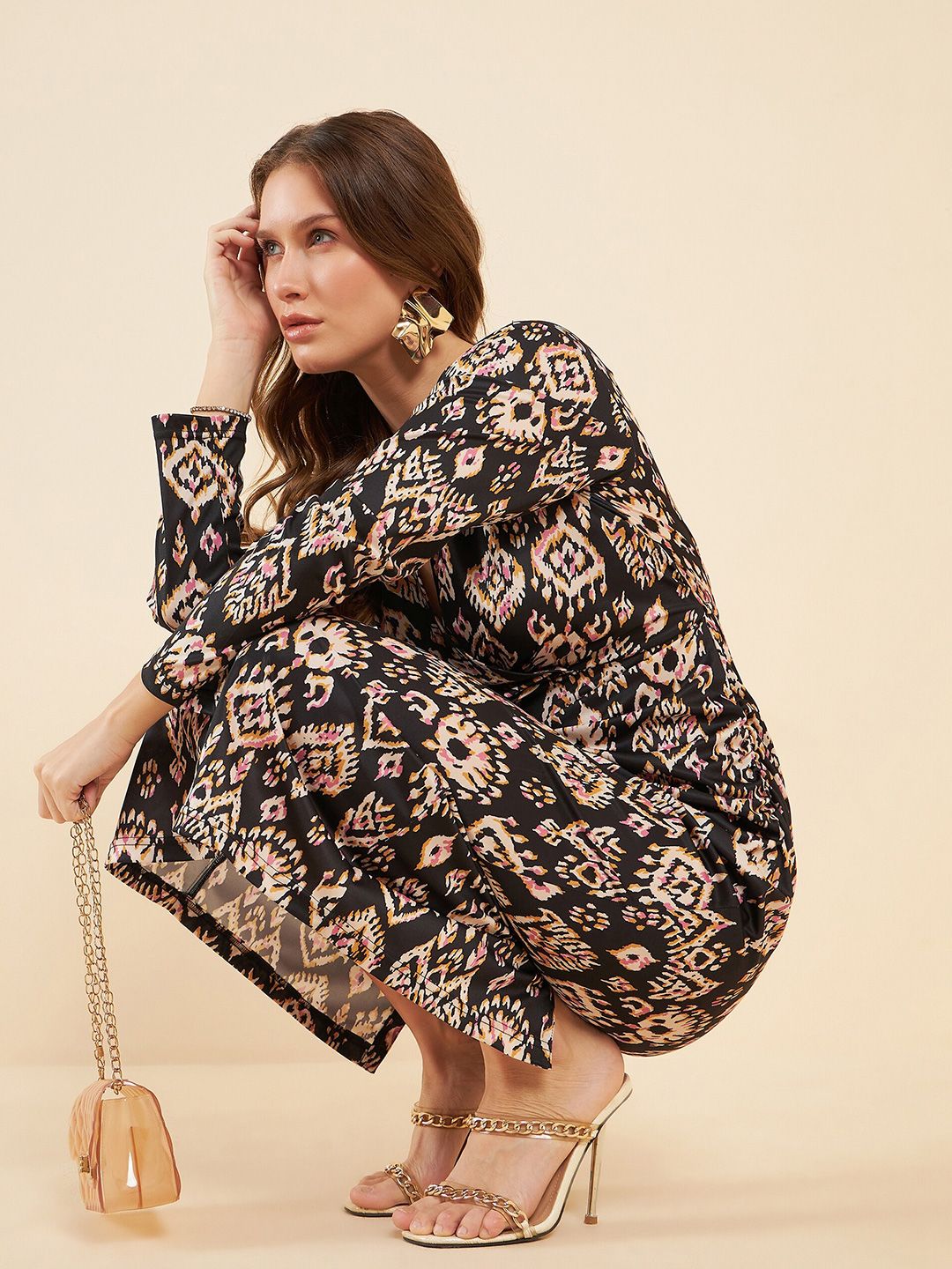 Antheaa Black Ethnic Motifs Printed V-Neck A-Line Midi Dress
