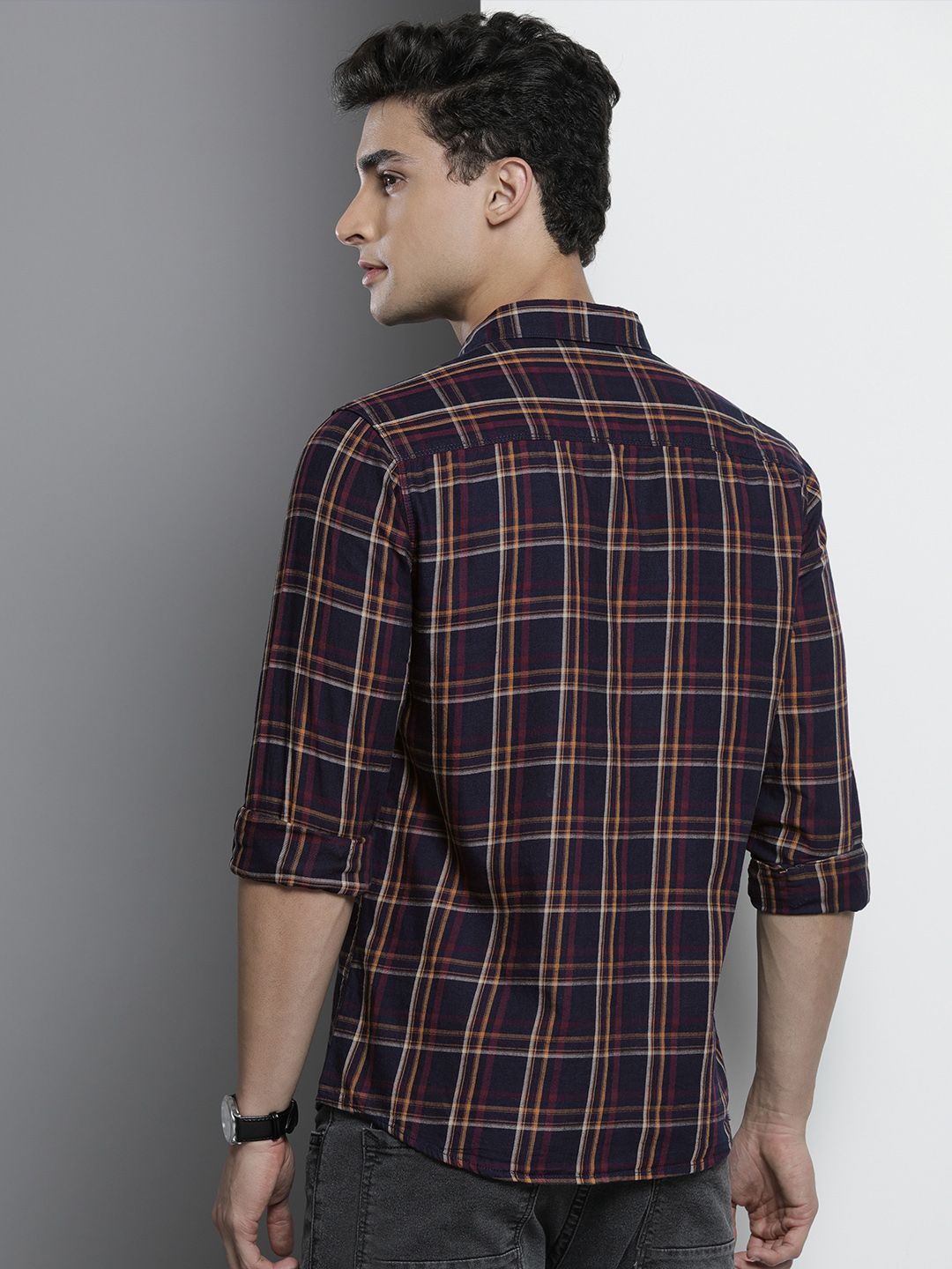 The Indian Garage Co Men Navy Blue & Yellow Checked Casual Shirt