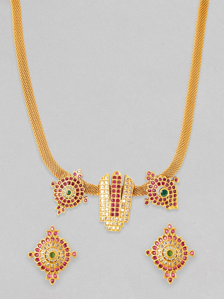 Rubans 22K Gold-Plated Ruby Pink Emerald Green & White Stone Studded Necklace Set