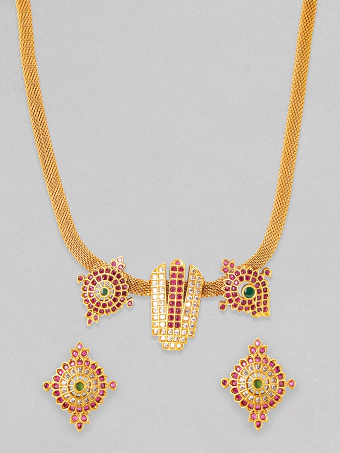 Rubans 22K Gold-Plated Ruby Pink Emerald Green & White Stone Studded Necklace Set