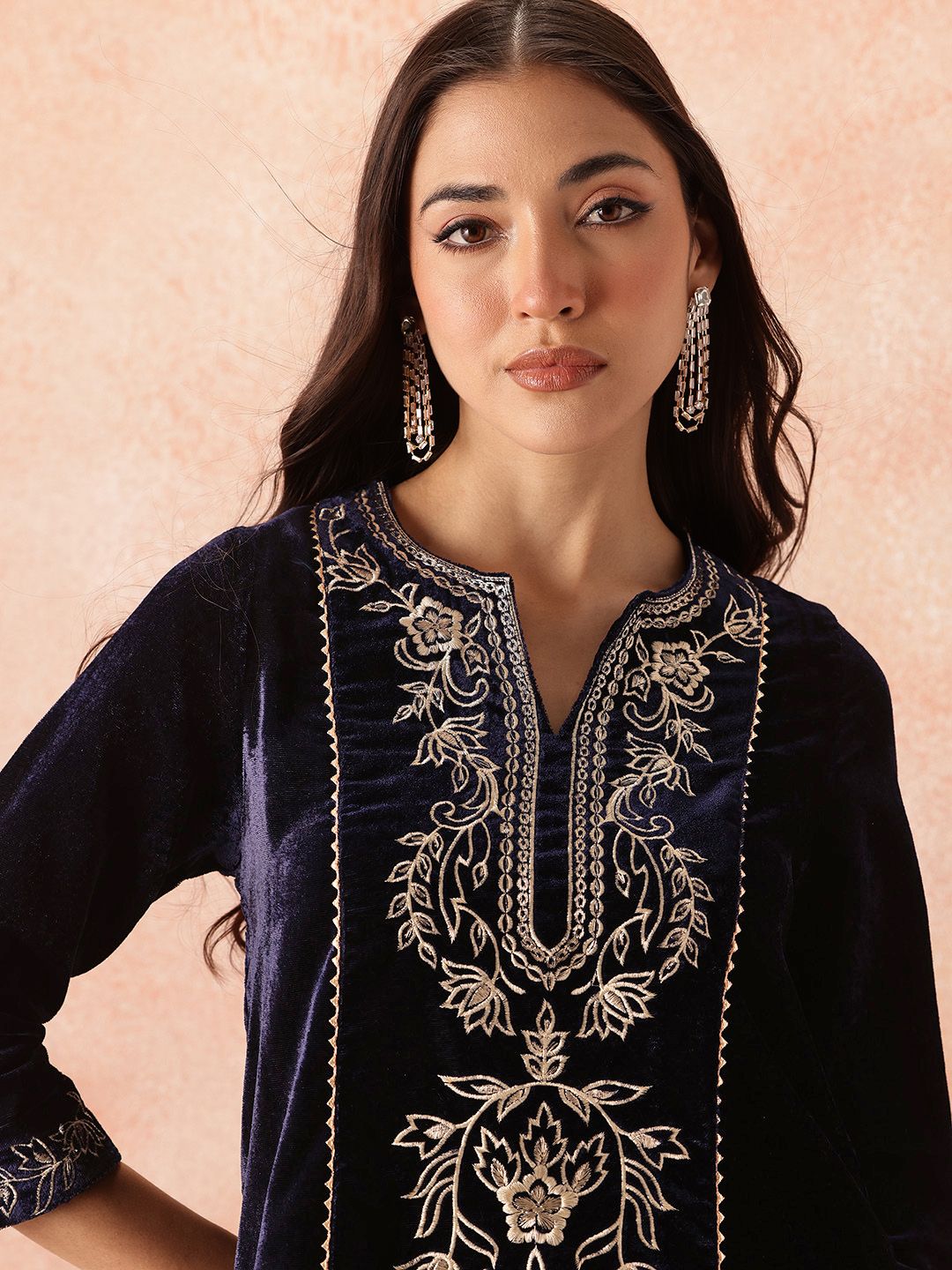 all about you Velvet Finish Floral Embroidered Gotta Patti Kurta with Trousers