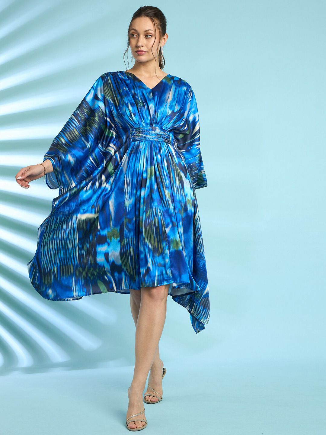 Antheaa Embellished Print Flared Sleeve Satin Kaftan Dress