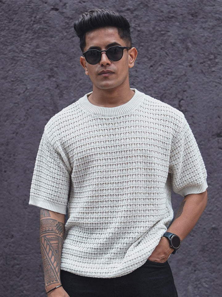 Powerlook Crochet Knit Oversized Half Sleeves T Shirt