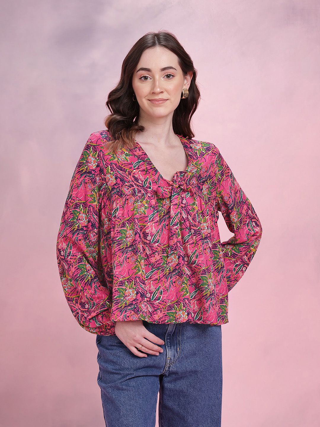 DressBerry Tropical Print Tie-Up Neck Regular Top