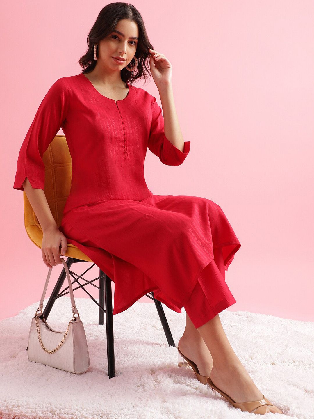 KALINI Striped Regular Thread Work Kurta with Trousers