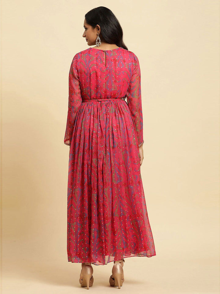 W Pink Self Design Embellished Maxi Ethnic Dress