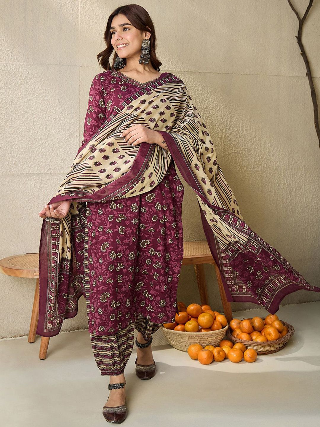 Indo Era Floral Printed V Neck Pure Cotton Kurta With Salwar & Dupatta